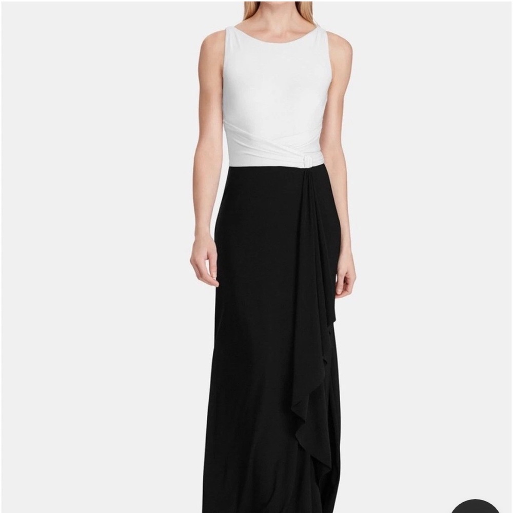 Ralph Lauren Black White Maxi Dress Size 2 Colorblock Formal Evening Gown